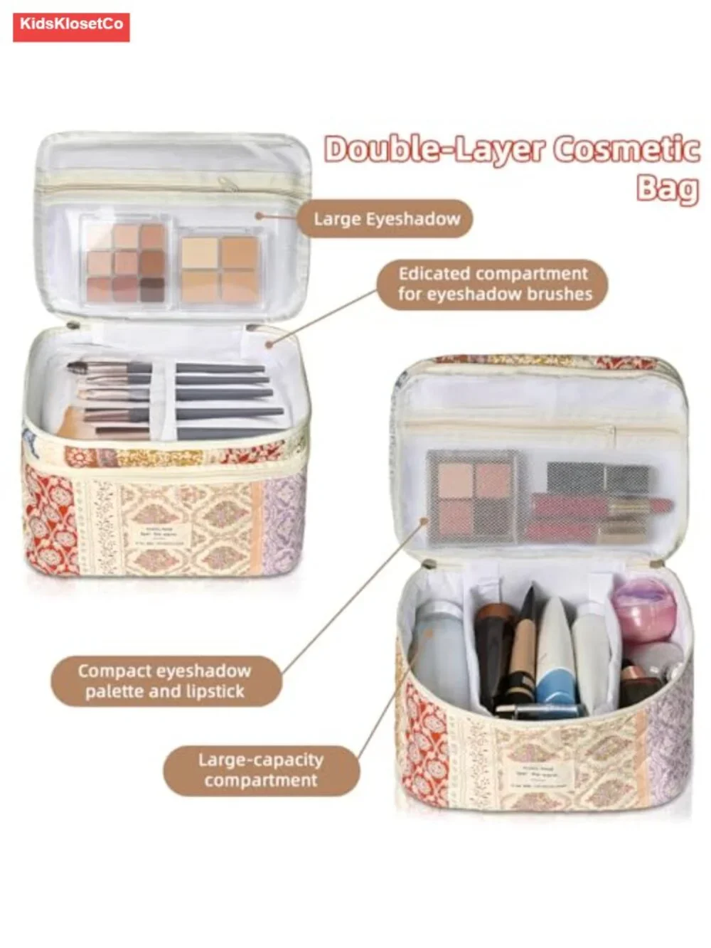 Large Capacity Quilted Cotton Cosmetic Bag Travel Toiletry Organizer with